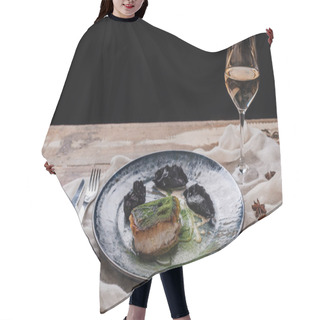 Personality  Close-up View Of Gourmet Fried Zander And Glass Of Wine On Wooden Table Hair Cutting Cape