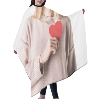 Personality  Partial View Of Blonde Woman In Beige Sweater Holding Paper Heart Hair Cutting Cape