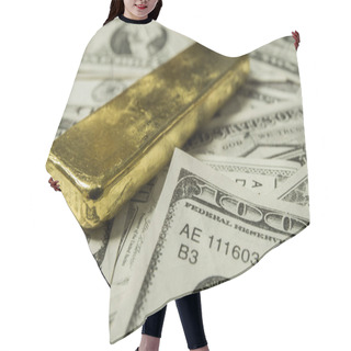 Personality  Close Up Image Of Dollar Bill With Gold Bar Hair Cutting Cape
