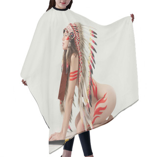 Personality  Naked Woman In Native American Costume With Feathers Hair Cutting Cape
