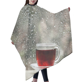 Personality  Cup Of Hot Black Tea On The Blurred Background Of Wet Window Hair Cutting Cape