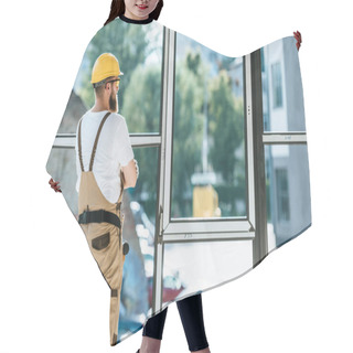 Personality  Rear View Of Builder In Protective Googles And Hardhat Standing With Crossed Arms And Looking At Windows Hair Cutting Cape