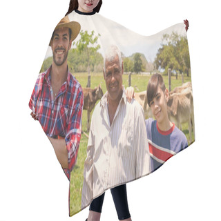 Personality  Three Generations Family Portrait Of Farmers In Farm Hair Cutting Cape