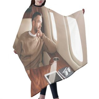 Personality  Handsome Bearded Man Looking At Airplane Window In First Class Of Private Jet  Hair Cutting Cape