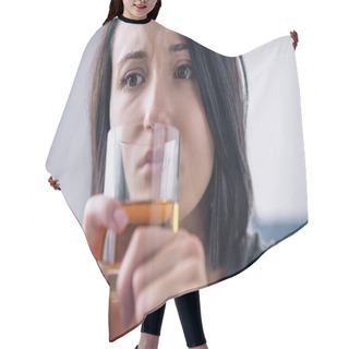 Personality  Lonely Depressed Woman With Whiskey Glass At Home Hair Cutting Cape