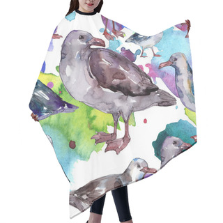 Personality  Sky Bird Seagull In A Wildlife. Wild Freedom, Bird With A Flying Wings. Watercolor Illustration Set. Watercolour Drawing Fashion Aquarelle. Seamless Background Pattern. Fabric Wallpaper Print Texture. Hair Cutting Cape