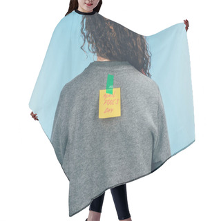 Personality  Back View Of Woman With Note On Sticky Tape With April Fools Day Lettering On Back, April Fools Day Concept Hair Cutting Cape