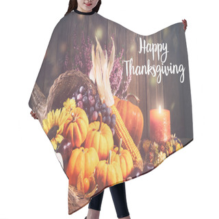 Personality  Pumpkins With Fruits And Falling Leaves On Rustic Wooden Table Hair Cutting Cape