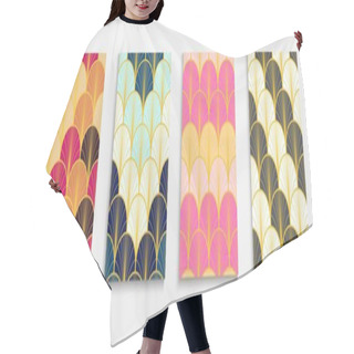 Personality  Japanese Golden Fan Funky Cover Set. Traditional Geometric Print. Halftone Stripes Layout. Minimal Dynamic Deco Fabric Backgroud. Asian Retro Template Set. Bright Color Ancient A4 Design. Hair Cutting Cape