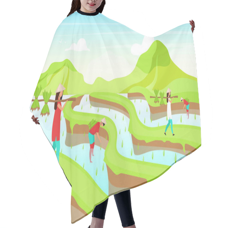 Personality  Rice plantation flat vector illustration. Indonesian workers. Food plants. Asian farming. Hard working women cartoon characters. Thailand traditional agricultutre. Rice fields background hair cutting cape