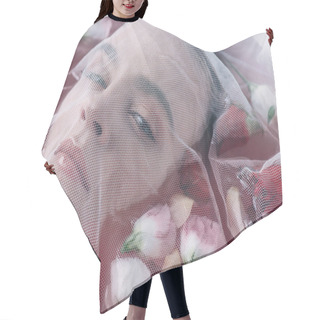 Personality  Beautiful Woman Covered With White Mesh Cloth In Pink Water With Rose Petals  Hair Cutting Cape