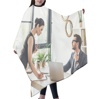 Personality  Seductive Secretery Leaning Over Desk Hair Cutting Cape