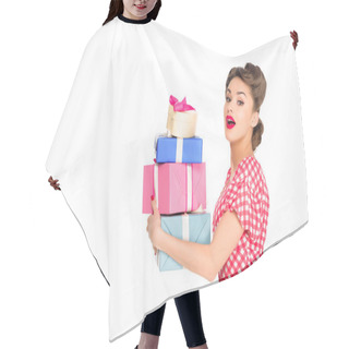 Personality  Side View Of Beautiful Woman In Retro Clothing Holding Wrapped Presents Isolated On White Hair Cutting Cape