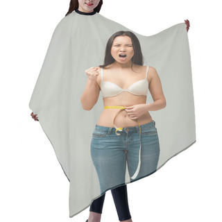 Personality  Emotional And Overweight Asian Girl Measuring Waist And Screaming Isolated On Grey  Hair Cutting Cape