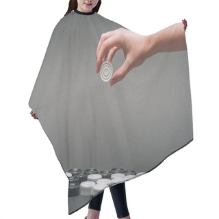 Personality  Cropped View Of Woman Holding White Checker Isolated On Grey Hair Cutting Cape