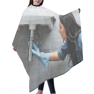 Personality  Brunette Girl In Rubber Glove Fixing Pipe In Bathroom Hair Cutting Cape