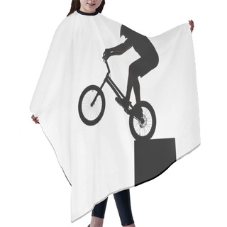 Personality  Silhouette Of Trial Cyclist Performing Back Wheel Stand While Balancing On Cube On White Hair Cutting Cape