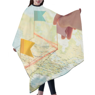 Personality  Cropped View Of Woman With Little Flags And World Map Hair Cutting Cape