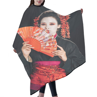 Personality  Geisha In Black Kimono With Red Flowers In Hair Holding Traditional Hand Fan Isolated On Black Hair Cutting Cape