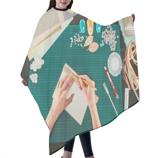 Personality  Cropped Image Of Woman Measuring Paper For Scrapbooking Postcard Hair Cutting Cape