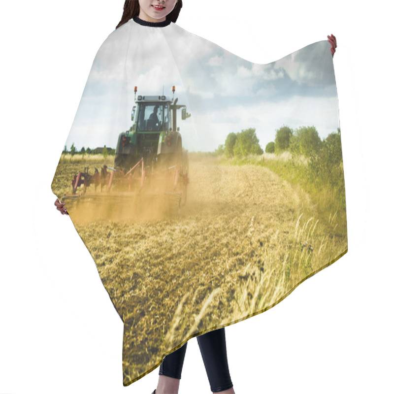 Personality  Tractor ploughs field hair cutting cape
