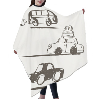 Personality  Set Of Vector Illustration. Hand Drawn Retro Car That Travels. Hair Cutting Cape