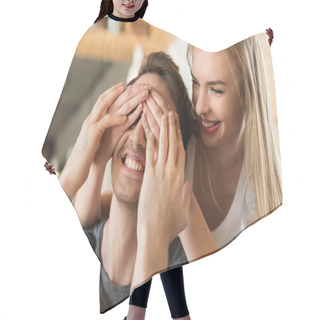 Personality  Woman Covering Boyfriends Eyes With Hands Hair Cutting Cape