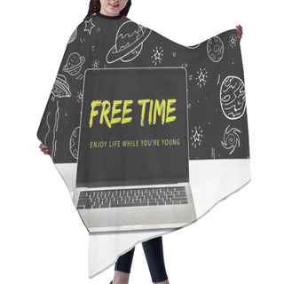 Personality  Laptop On Table With Enjoy Life While You Are Young And Free Time Lettering On Screen With White Galaxy Illustration On Black  Hair Cutting Cape