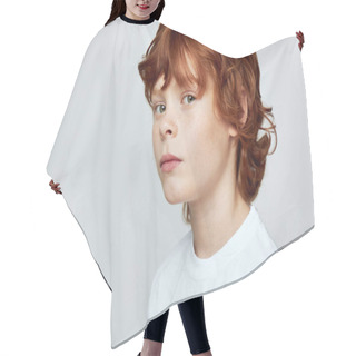 Personality  Redheaded Child Face Close-up Cropped View Of White T-shirt Freckles On The Face Hair Cutting Cape