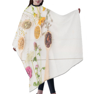 Personality  Top View Of Herbs In Spoons And Flowers On White Wooden Background, Naturopathy Concept Hair Cutting Cape