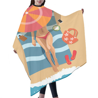Personality  Woman On Beach. Top View. Vector Illustration Hair Cutting Cape