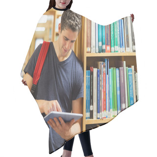 Personality  Student Leaning Against Bookshelf Holding A Tablet Pc Hair Cutting Cape
