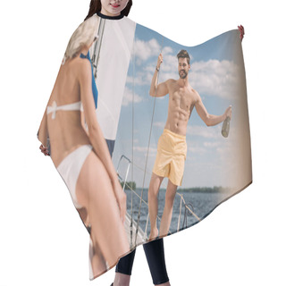 Personality  Handsome Shirtless Man With Bottle Of Champagne And His Girlfriend On Yacht  Hair Cutting Cape