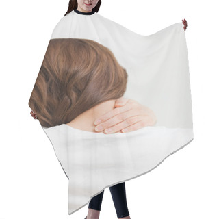 Personality  Brown-haired Woman Massaging Her Painful Neck Hair Cutting Cape