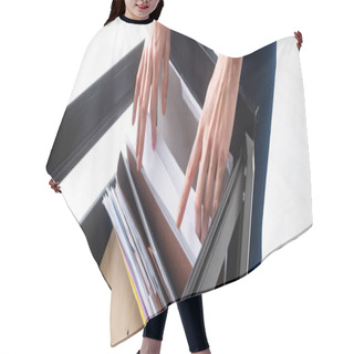 Personality  Cropped View Of Businesswoman Searching Dossier In Paper Folders In Cabinet Driver, Panoramic Shot Hair Cutting Cape