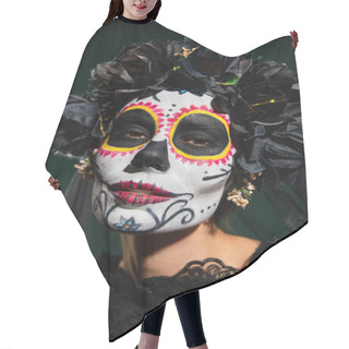Personality  Portrait Of Woman In Mexican Day Of Death Halloween Costume Looking At Camera Isolated On Dark Green  Hair Cutting Cape