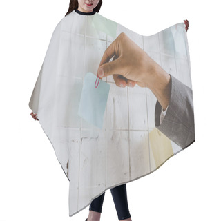 Personality  Cropped Image Of Businessman Taking Paper Sticker From Task Board In Office Hair Cutting Cape