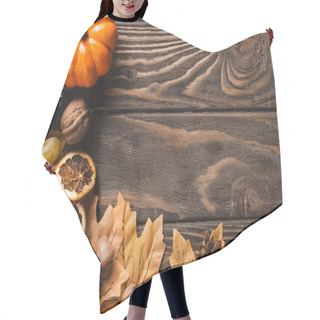 Personality  Top View Of Autumnal Harvest On Brown Wooden Background Hair Cutting Cape