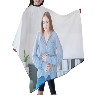 Personality  Woman Suffering From Stomachache At Home Hair Cutting Cape