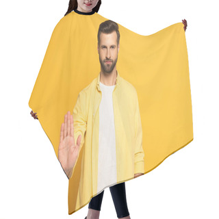 Personality  Handsome Man Showing Stop Sign On Yellow Background Hair Cutting Cape