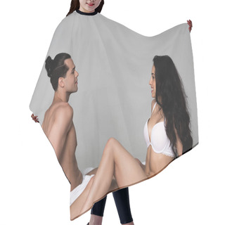 Personality  Smiling Sexy Couple In Underwear Sitting On Bed Face To Face Hair Cutting Cape