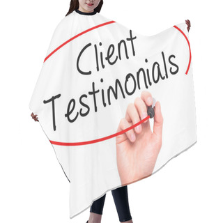 Personality  Man Hand Writing Client Testimonials With Black Marker On Visual Hair Cutting Cape