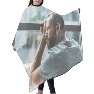 Personality  Upset Bearded Man Leaning At Window And Looking Through It   Hair Cutting Cape