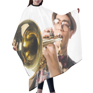 Personality  Selective Focus Of Mixed Race Male Musician In Stylish Hat And Eyeglasses Playing On Trumpet Isolated On White  Hair Cutting Cape