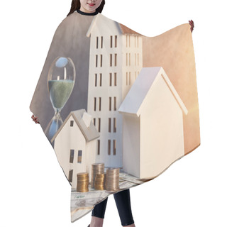 Personality  Houses Models, Coins And Cash, Hourglass On White Wooden Table With Sunlight, Real Estate Concept Hair Cutting Cape
