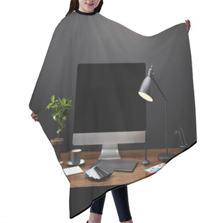 Personality  Close Up View Of Graphic Designer Workplace With Graphic Tablet, Blank Computer Screen, Notebooks And Pallet On Wooden Tabletop Hair Cutting Cape