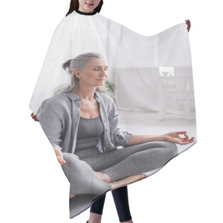 Personality  Mature Woman With Grey Hair Sitting In Lotus Pose While Meditating On Yoga Mat Hair Cutting Cape