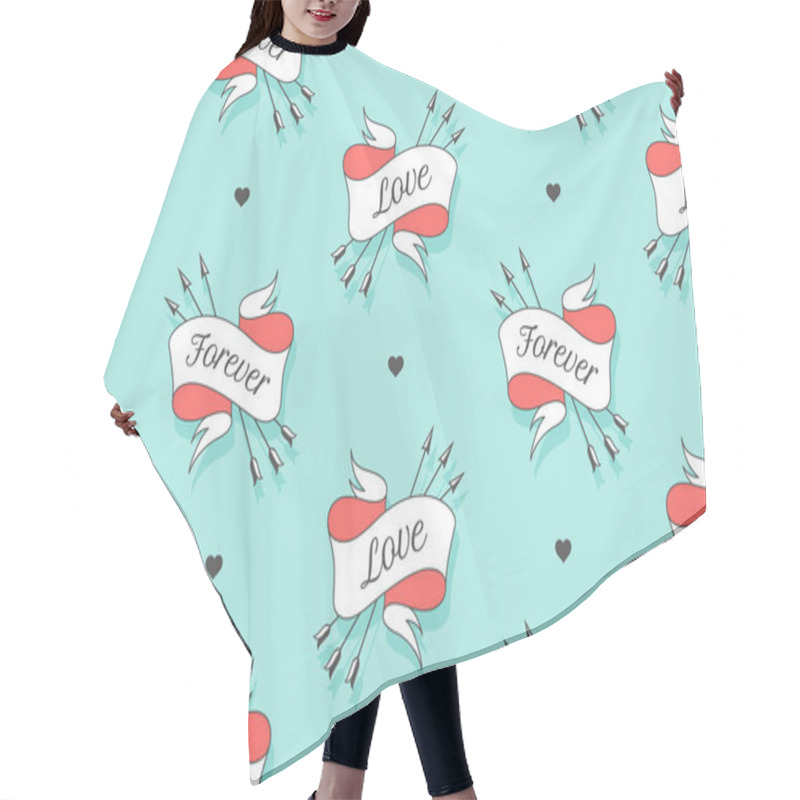 Personality  Seamless pattern with hearts and arrows on a turquoise backdrop hair cutting cape