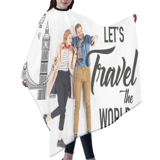 Personality  Elegant Couple Taking Selfie On White Background With Architecture Illustration And Lets Travel The World Lettering  Hair Cutting Cape