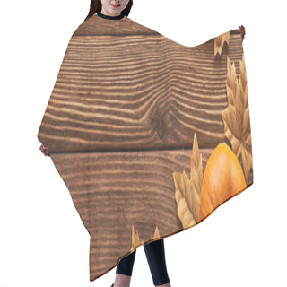 Personality  Panoramic Shot Of Small Pumpkin On Brown Wooden Surface With Dried Autumn Leaves Hair Cutting Cape